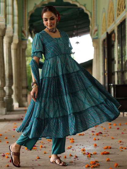 Women's Dual Printed Tiered Anarkali Kurta Set