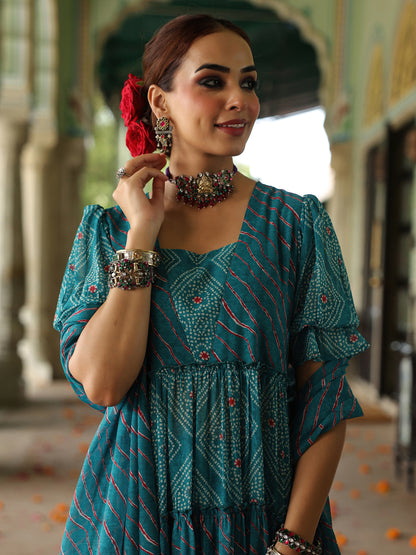 Women's Dual Printed Tiered Anarkali Kurta Set