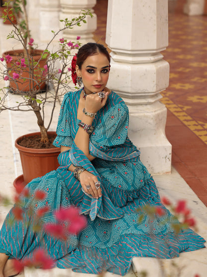 Women's Dual Printed Tiered Anarkali Kurta Set