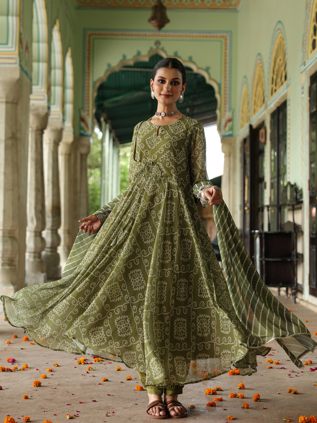 Women's Bandhani Flared Anarkali Kurta Set