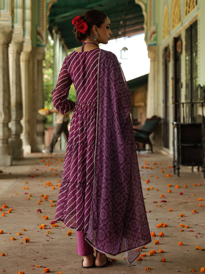 Women's  Leheriya Tiered Angrakha Kurta Set