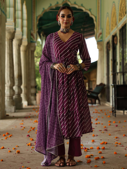 Women's  Leheriya Tiered Angrakha Kurta Set