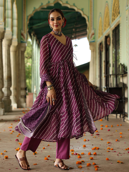 Women's  Leheriya Tiered Angrakha Kurta Set