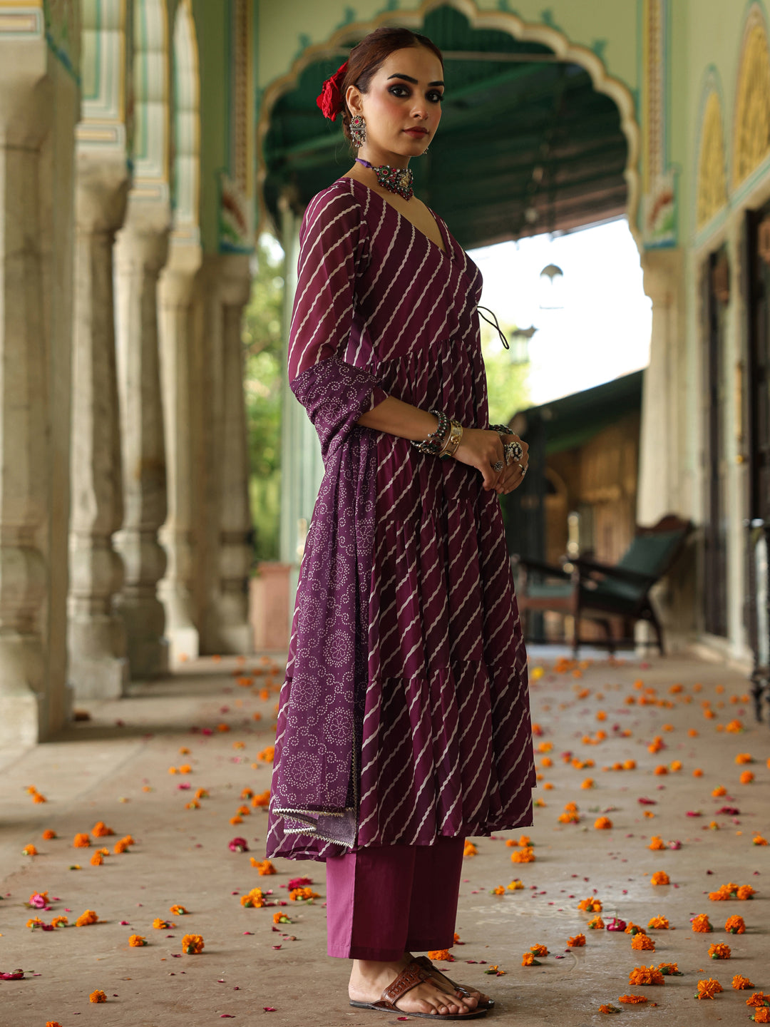 Women's  Leheriya Tiered Angrakha Kurta Set