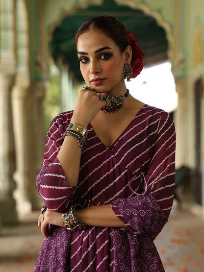 Women's  Leheriya Tiered Angrakha Kurta Set