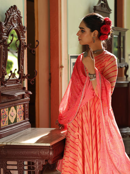 Women's Leheriya Flared Anarkali Kurta Set