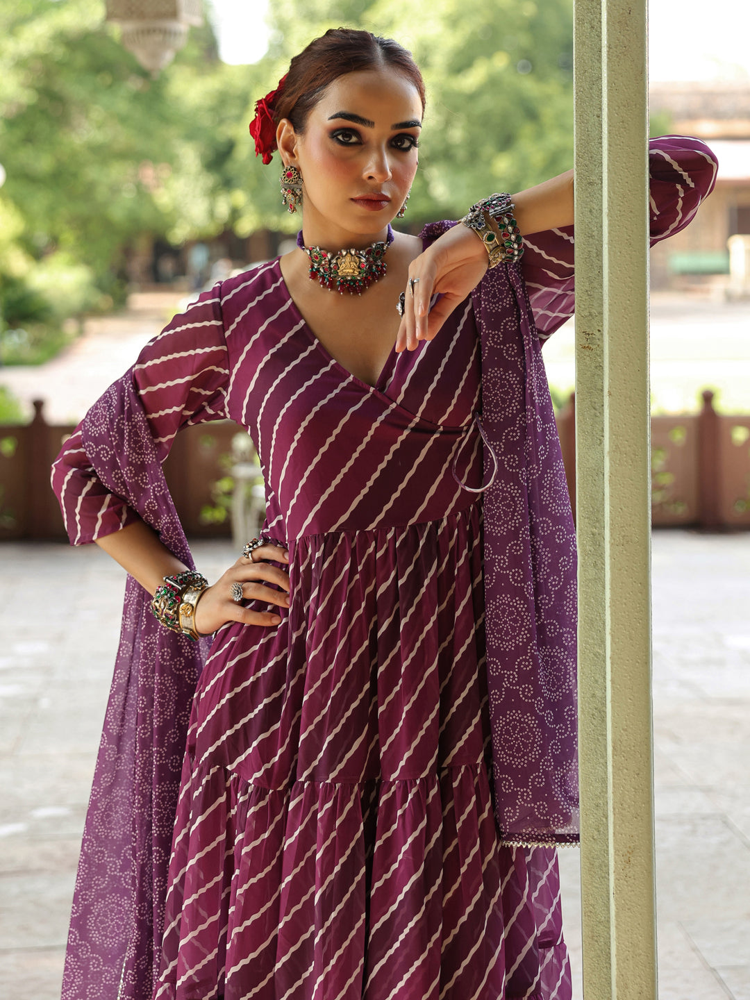 Women's  Leheriya Tiered Angrakha Kurta Set