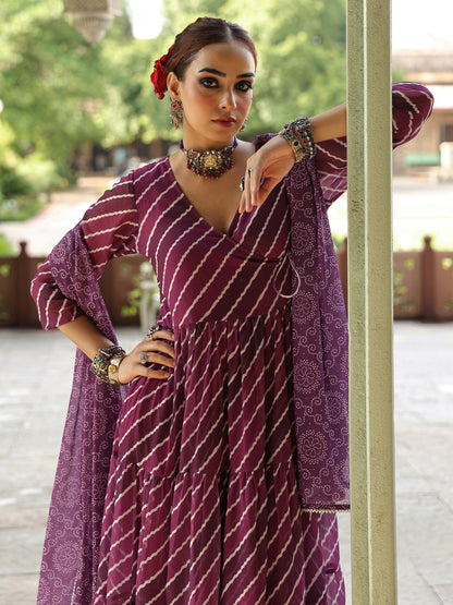 Women's  Leheriya Tiered Angrakha Kurta Set