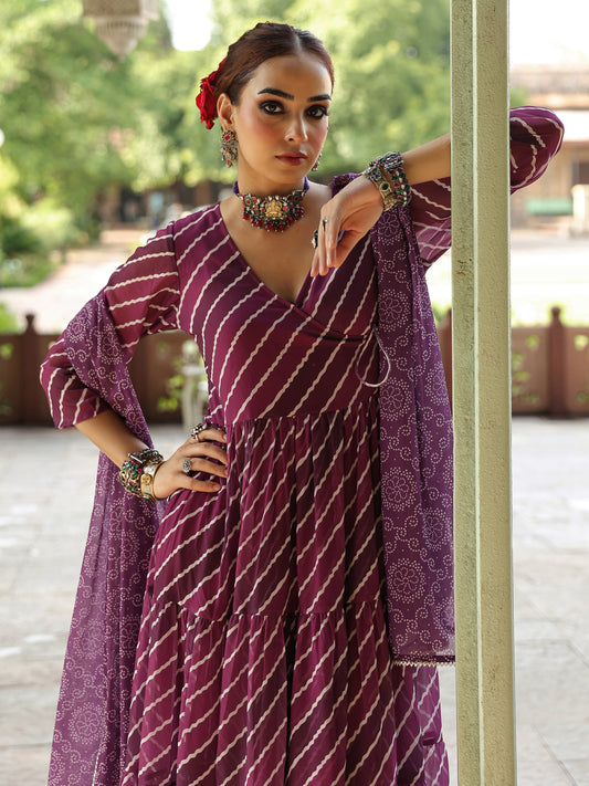 Women's  Leheriya Tiered Angrakha Kurta Set
