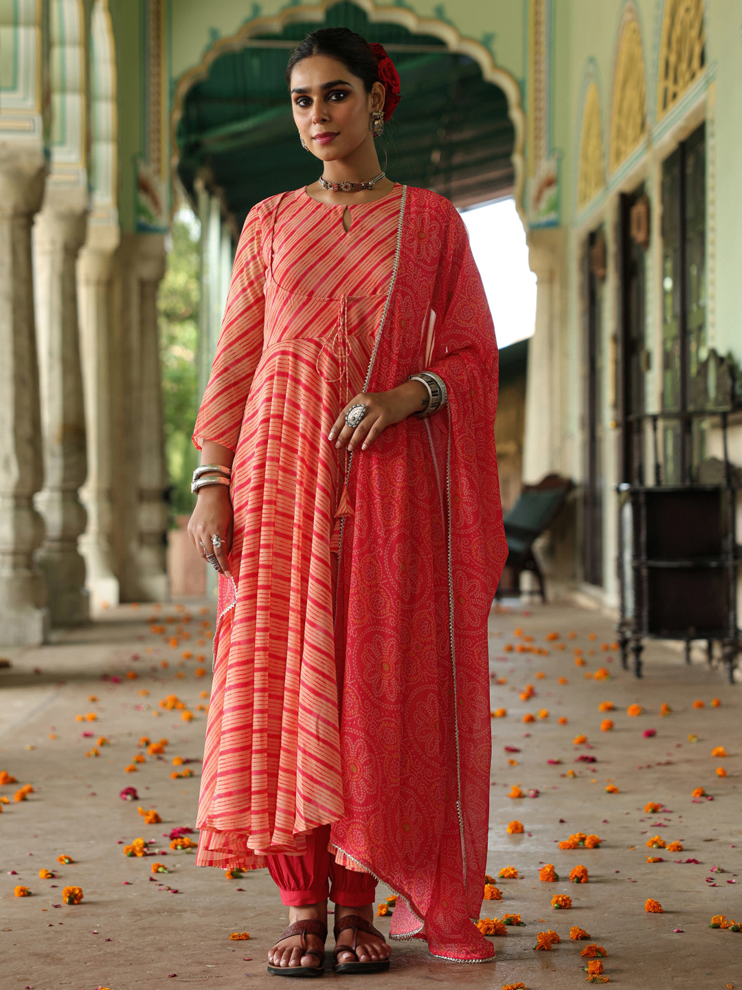 Women's Leheriya Flared Anarkali Kurta Set