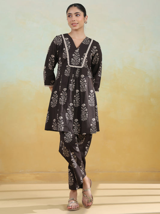 Women's Black Cotton Printed Co ord Set