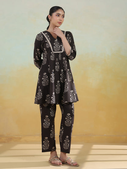 Women's Black Cotton Printed Co ord Set