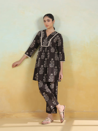 Women's Black Cotton Printed Co ord Set