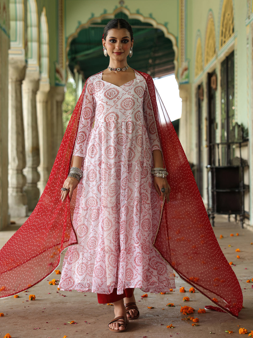 Women's Bandhani Tiered Anarkali Set
