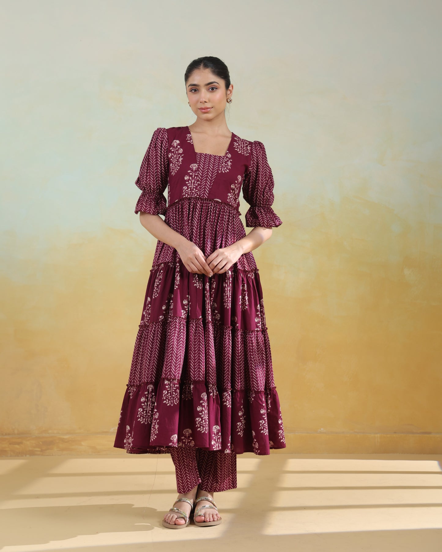 Women's Cotton Tiered Kurta with Straight Trousers