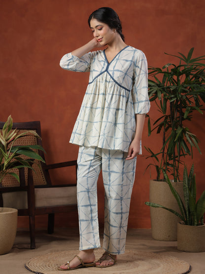 Women's  Blue Cotton Printed Co ord Set