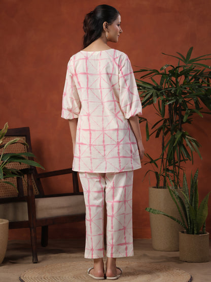 Women's White & Pink Pure Cotton Printed Co ord Set