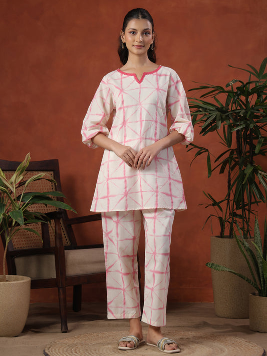 Women's White & Pink Pure Cotton Printed Co ord Set