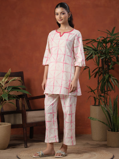 Women's White & Pink Pure Cotton Printed Co ord Set