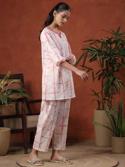 Women's White & Pink Pure Cotton Printed Co ord Set
