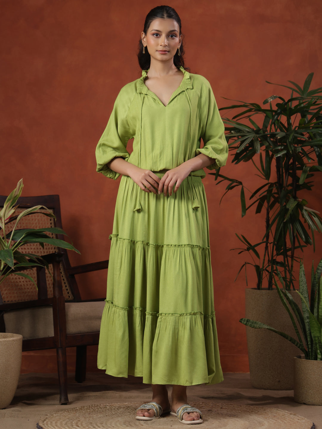 Women's Balloon Sleeves Tiered Flared Dress