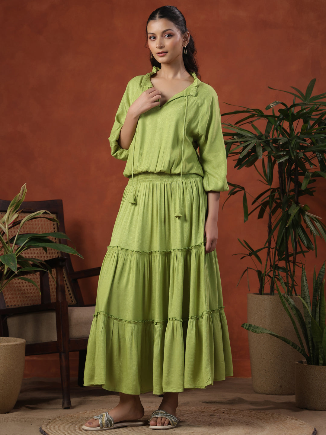 Women's Balloon Sleeves Tiered Flared Dress