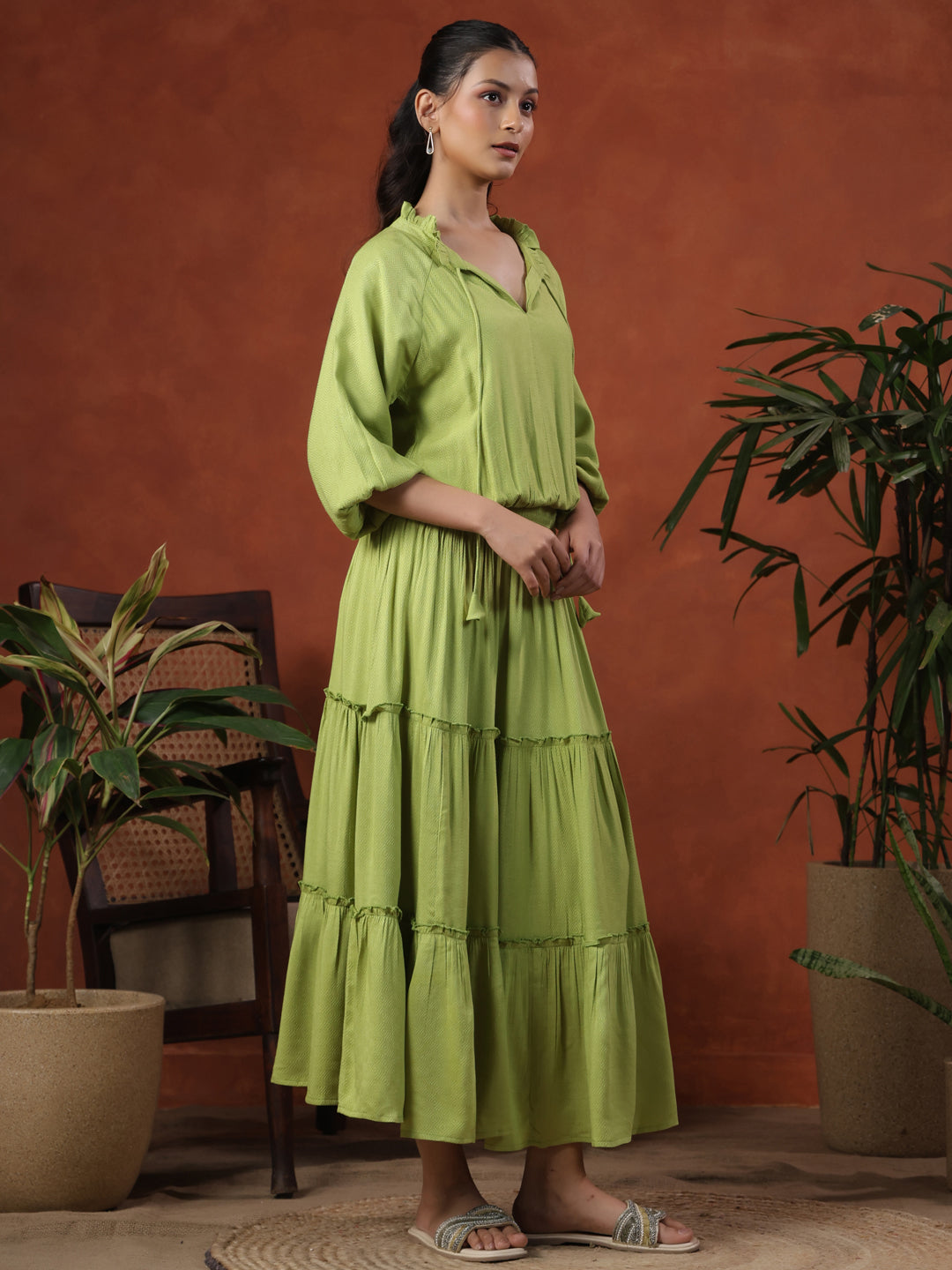 Women's Balloon Sleeves Tiered Flared Dress