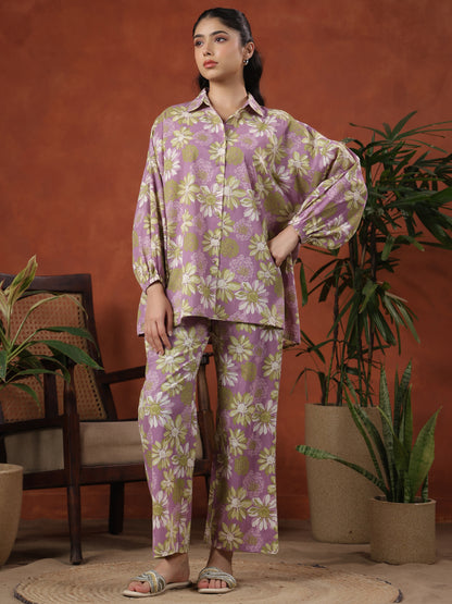 Women's Floral Purple Cotton Printed Co ord Set