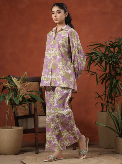 Women's Floral Purple Cotton Printed Co ord Set