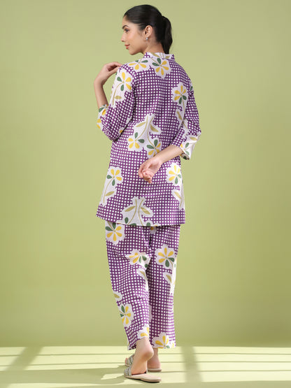 Women's Purple Cotton Printed Co ord Set
