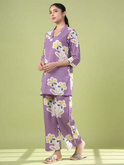 Women's Purple Cotton Printed Co ord Set