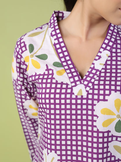 Women's Purple Cotton Printed Co ord Set