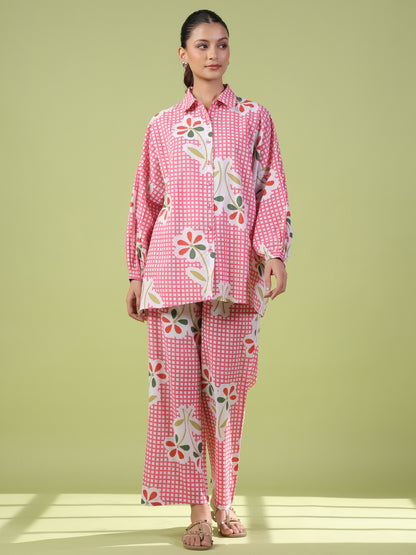 Women's Pink Cotton Printed Co ord Set