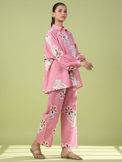 Women's Pink Cotton Printed Co ord Set