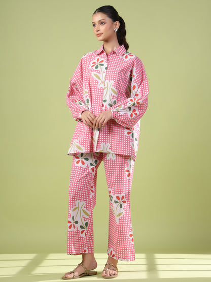 Women's Pink Cotton Printed Co ord Set
