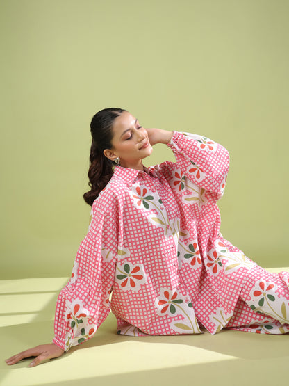 Women's Pink Cotton Printed Co ord Set