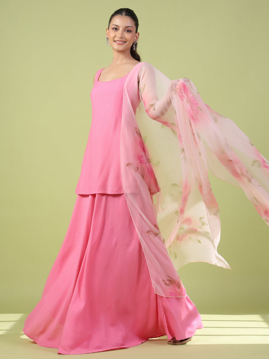 Women's Sleeveless Short Kurti And  Skirt With Dupatta