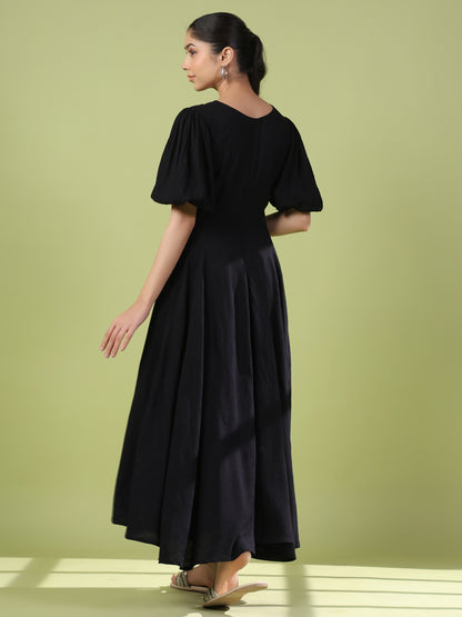 Women's Black Long Dress with Balloon Sleeves