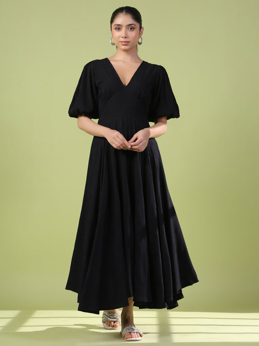 Women's Black Long Dress with Balloon Sleeves