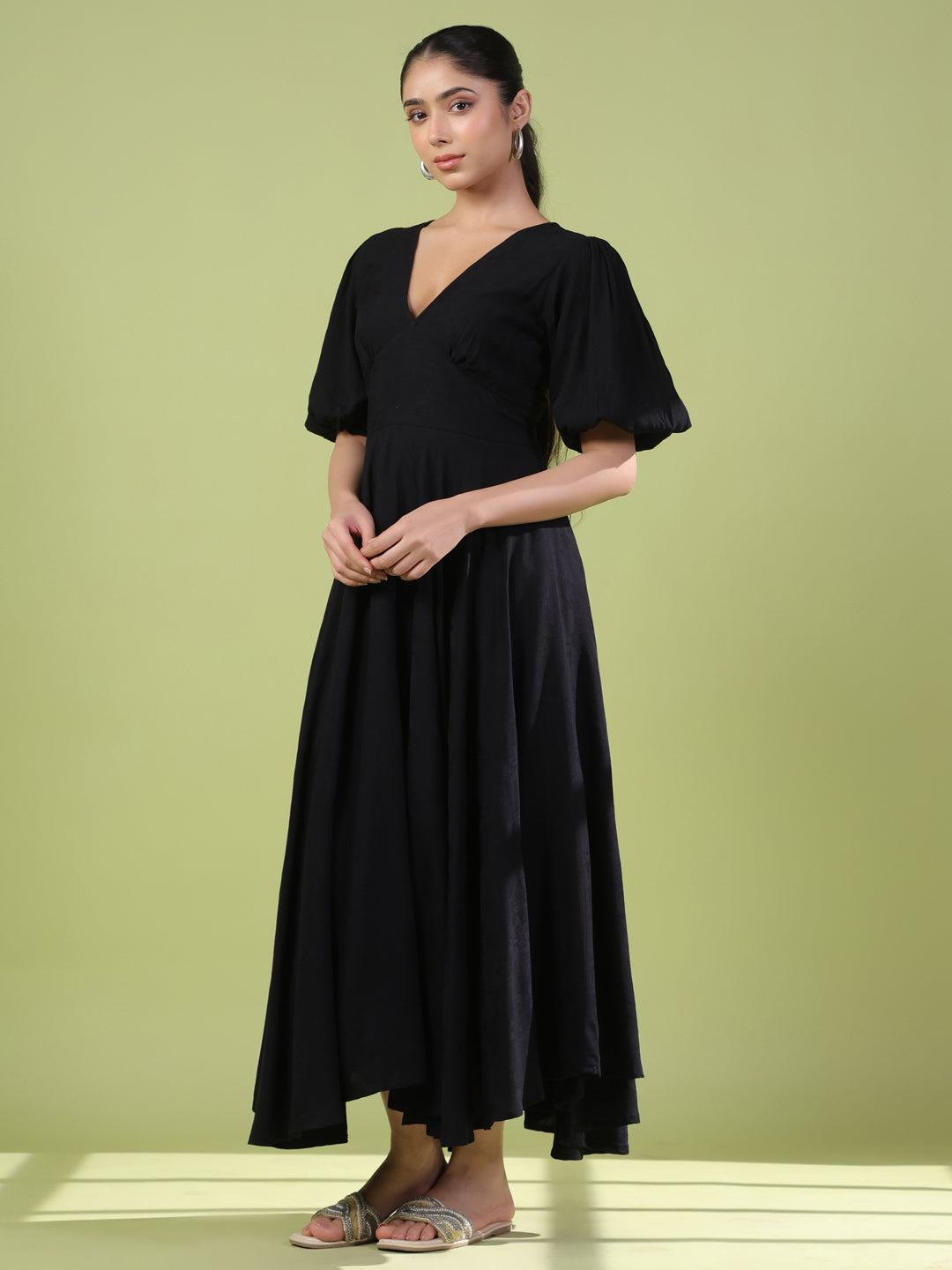 Women's Black Long Dress with Balloon Sleeves