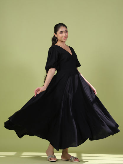Women's Black Long Dress with Balloon Sleeves