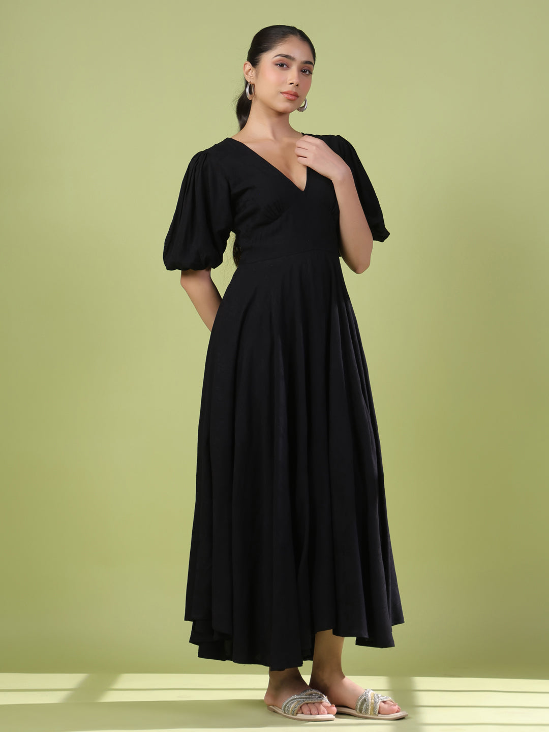Women's Black Long Dress with Balloon Sleeves