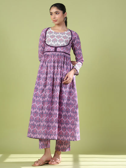 Women's Printed Cotton Anarkali Suit Set