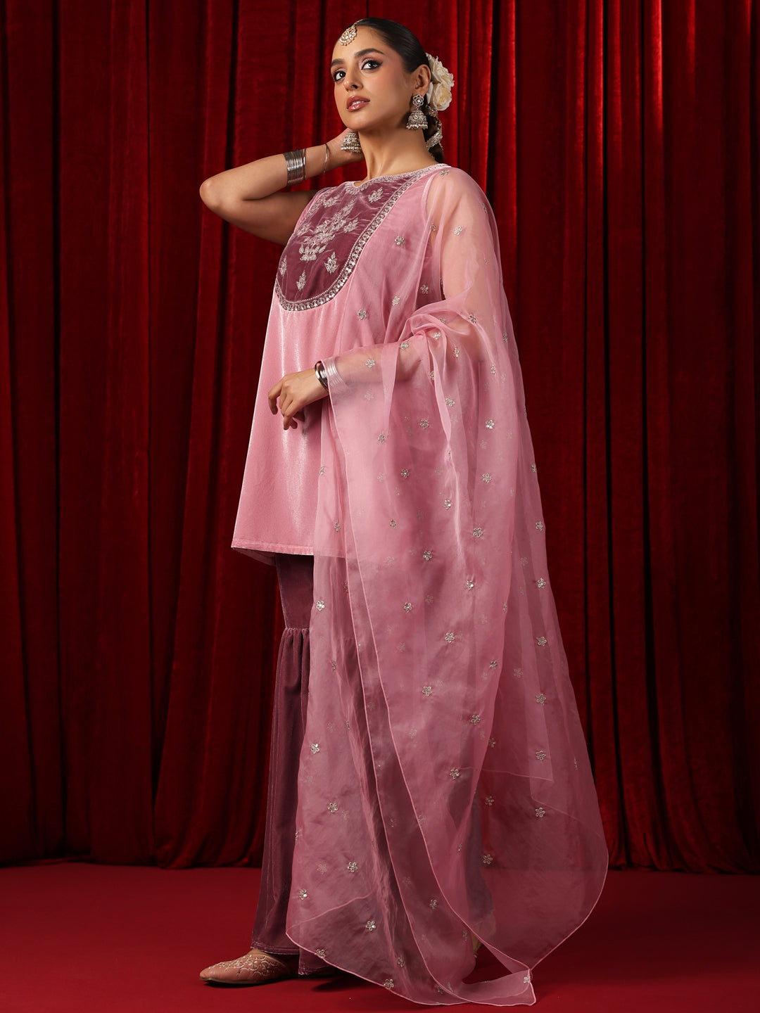 Women's  Embroidered Patchwork Velvet Sharara Set