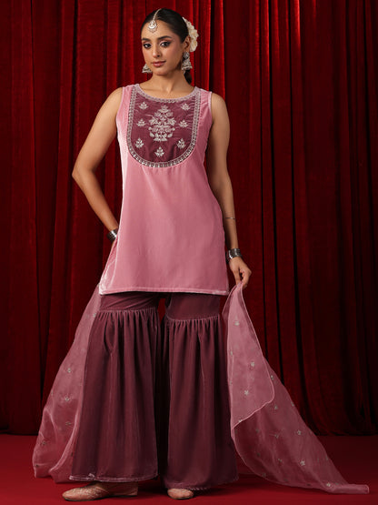 Women's  Embroidered Patchwork Velvet Sharara Set