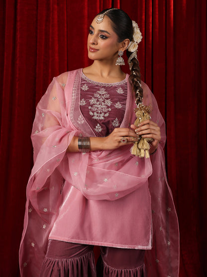 Women's  Embroidered Patchwork Velvet Sharara Set