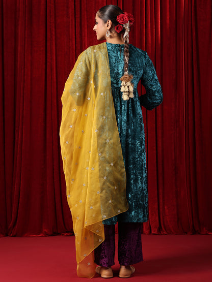 Women's Embroidered Patchwork Velvet Kurta Set