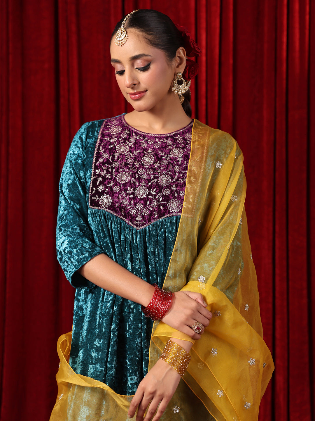 Women's Embroidered Patchwork Velvet Kurta Set