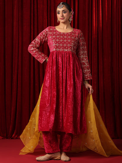 Women's Embroidered Velvet Anarkali Kurta Set