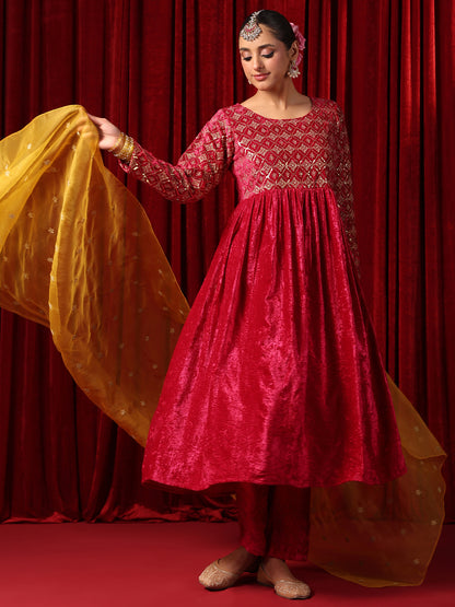 Women's Embroidered Velvet Anarkali Kurta Set